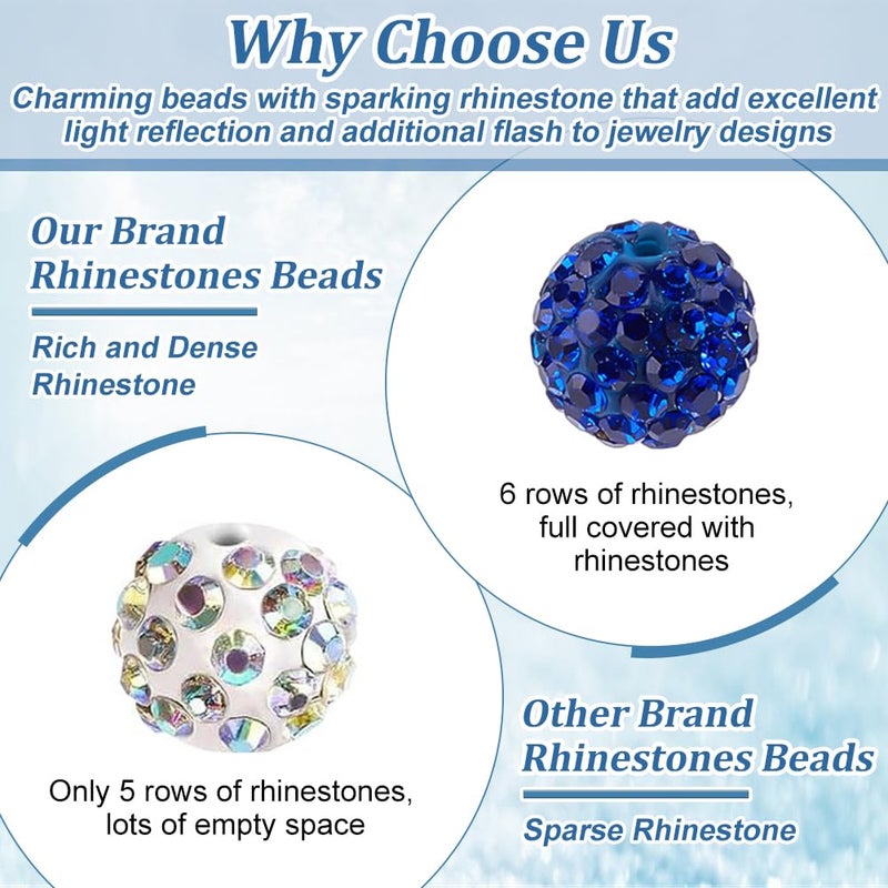 PH PandaHall About 100pcs 10mm Blue Rhinestone Beads Blue Polymer Clay Crystal Bead Pave Disco Ball Clay Beads Round Diamond Bead for Necklace Bracelet Jewelry Making Party Decoration - Image 4